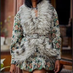 NWT Hemant & Nandita Anthropologie Lief Jacquard Faux Fur Belted Tapestry Coat M